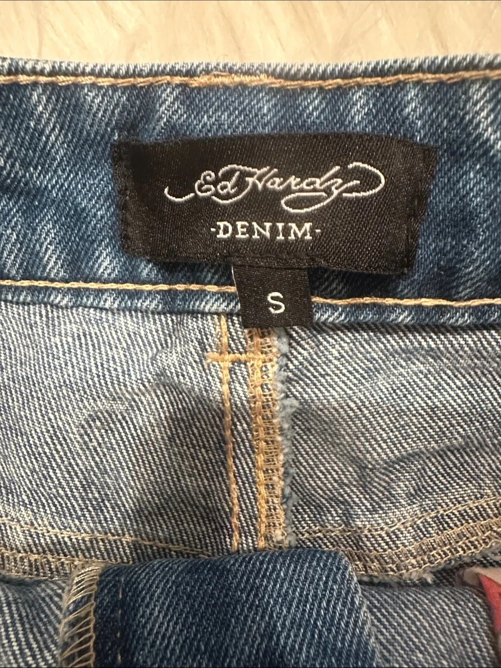 Ed Hardy Blue Denim Jean Shorts with Floral Patch - Picture 6 of 7